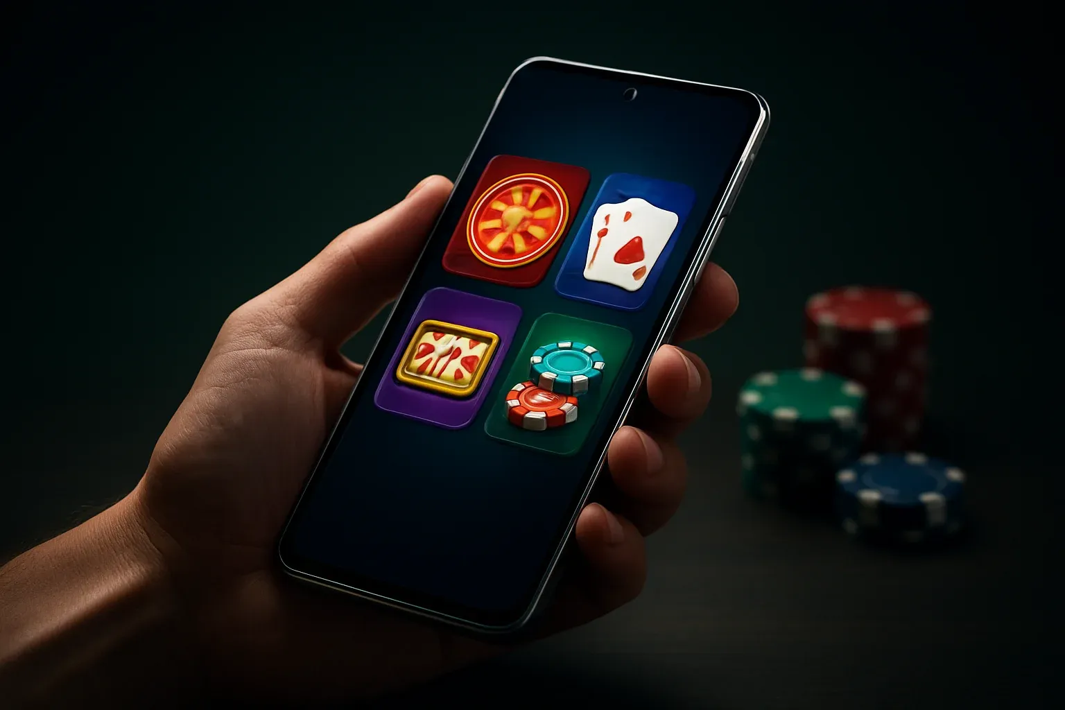 Hyperrealistic Android smartphone showing a vivid casino app interface in hand