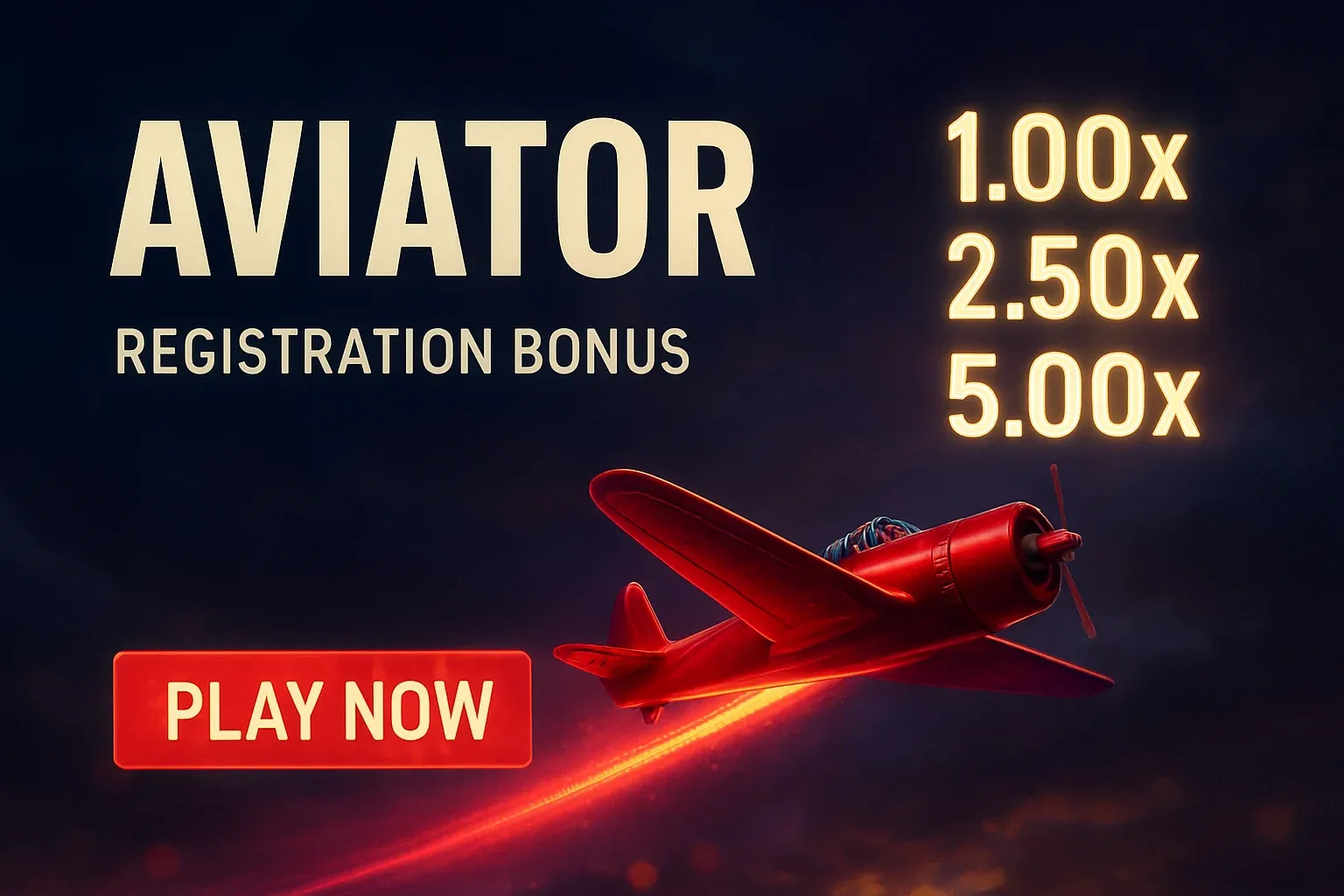 Aviator crash game banner with red plane, multipliers, and play now button