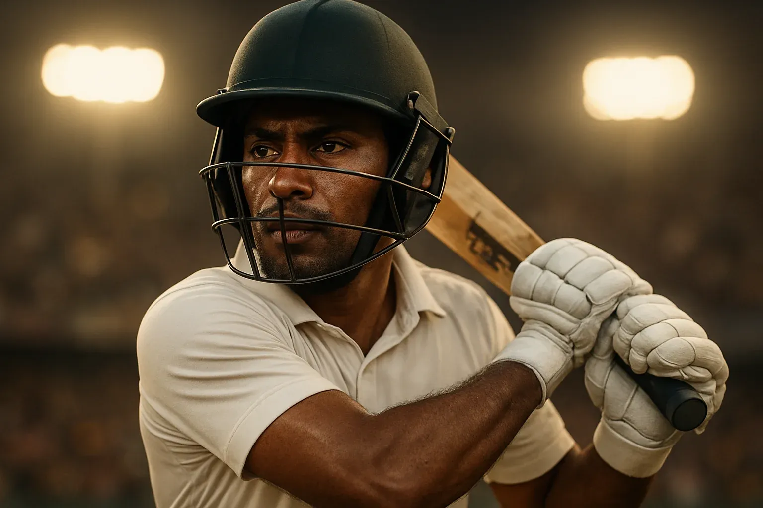 Bangladeshi male cricket batsman in white kit mid-swing under stadium lights