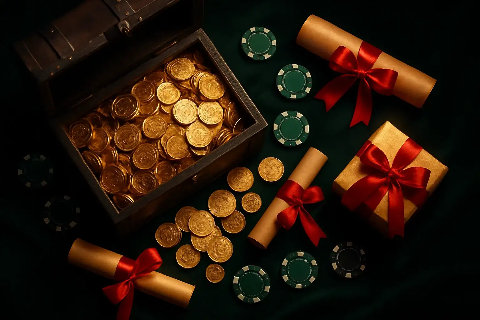 Overflowing treasure chest with gold coins, casino chips, vouchers, and gift boxes