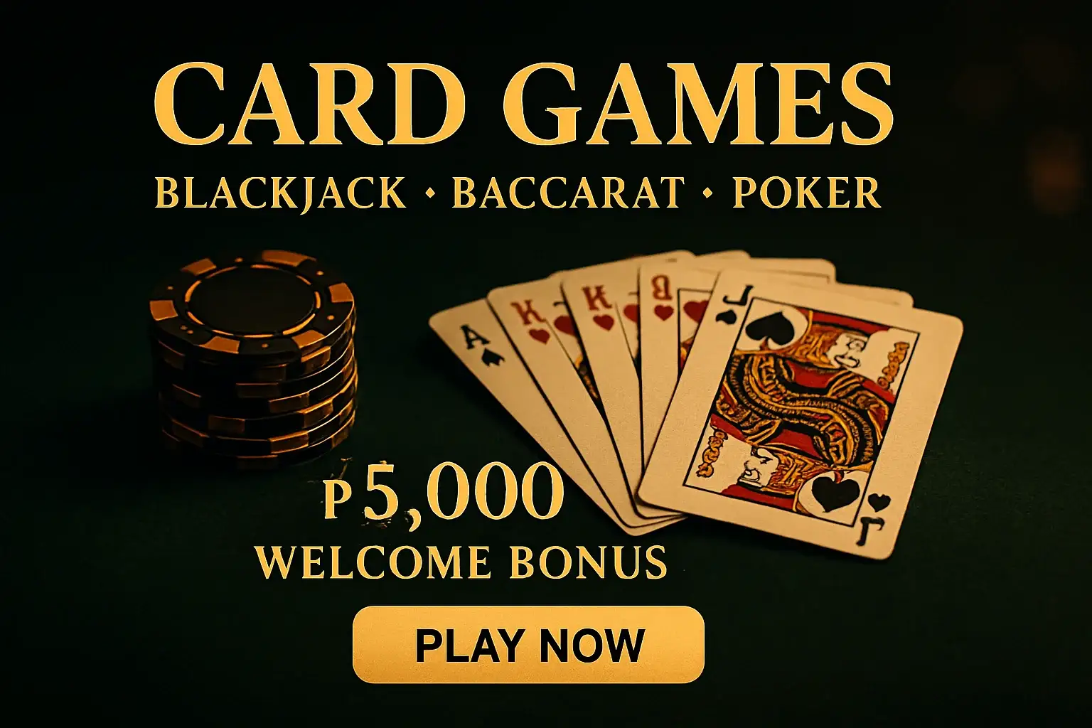Card games promo banner with cards, chips, and green velvet table