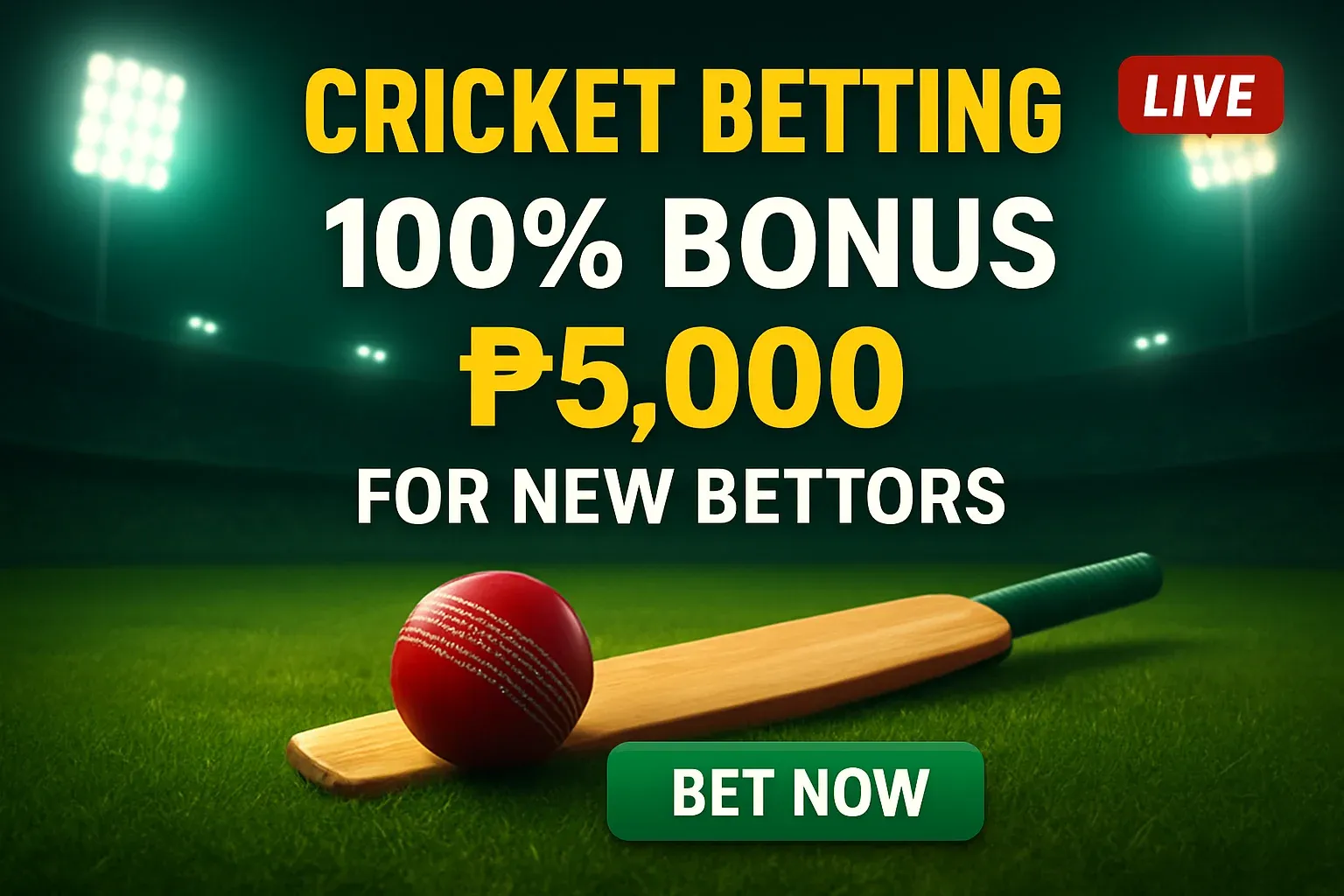 Cricket betting banner with stadium, bat, ball, bonus and Bet Now button