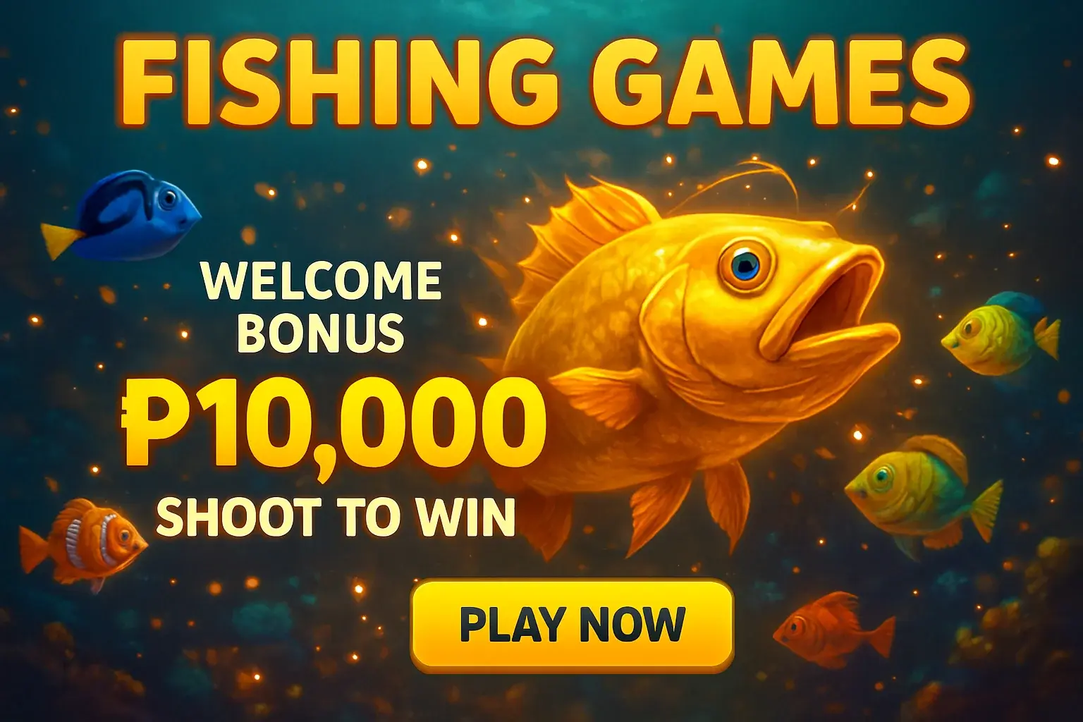 Fishing arcade banner with underwater boss fish, bonus offer, and play button