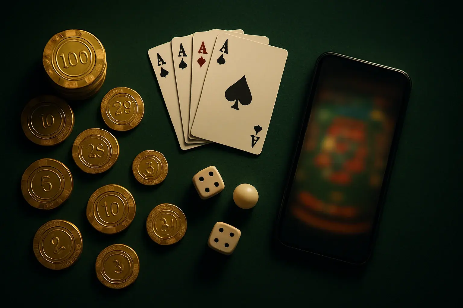 Top-down casino table with gold chips, cards, dice, roulette ball, smartphone
