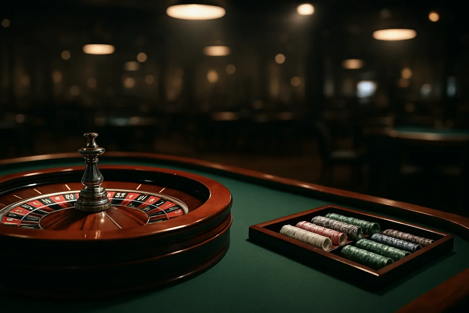 Hyperrealistic live casino studio with empty roulette table and dramatic lighting