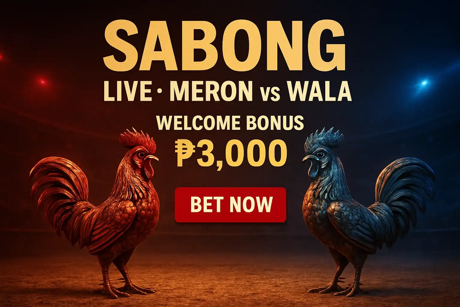 Live sabong banner with decorative rooster figurines and arena lighting