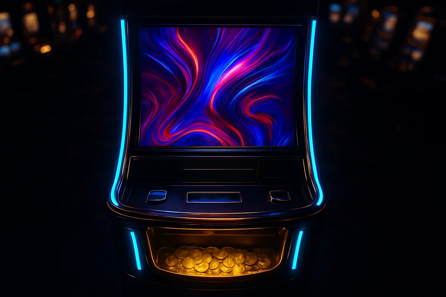 Premium slot machine glowing in dark luxury casino with neon lighting